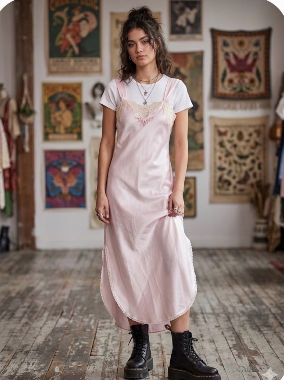 Vtg 90s Etienne Soft Pink Slip Dress with Lace Trim S b3